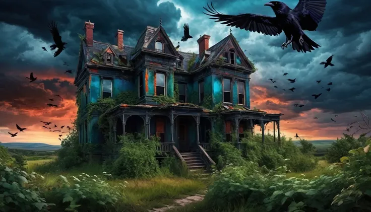 A dark, gothic abandoned house with overgrown vegetation, a stormy sky, and ravens flying around. Edgar Allen Poe style. Hyper realistic photo, vibrant colors, 16k