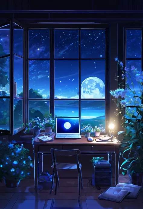 A tranquil scene unfolds in a magical lab setting: a laptop with a glowing screen rests on a desk by a large window, showcasing a serene moonlit landscape. Blue neons softly illuminate white flowers next to a tablet and PC monitor. A vocal microphone and h...