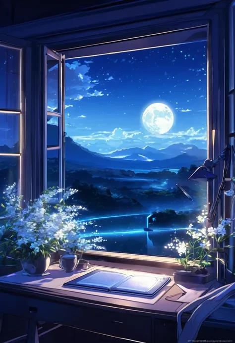 A tranquil scene unfolds in a magical lab setting: a laptop with a glowing screen rests on a desk by a large window, showcasing a serene moonlit landscape. Blue neons softly illuminate white flowers next to a tablet and PC monitor. A vocal microphone and h...