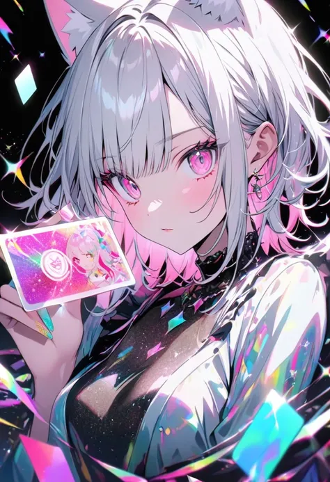 A high-quality hologram card, pretty girl,Cat ear, Beautiful silver hair,Pink inside,Beautiful pink eyes,with glitter, and a black background around the card, clear coloring, and colorful