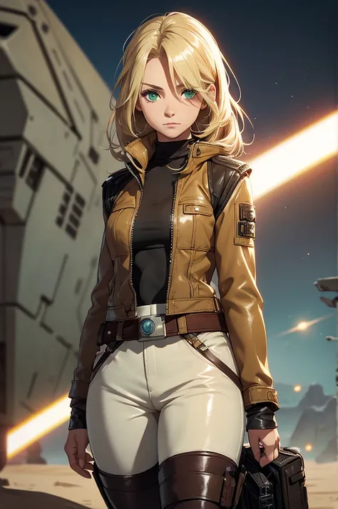 Female smuggler from Star Wars. Tatooine background. Young, fit. Blonde longer hair. Green eyes. Wearing tight leather brown leggings with a belt. Short jacket or vest.