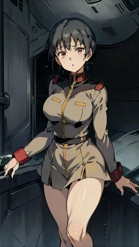 1 girl、Beautiful female officer of the Earth Federation Army、short black hair、side braid，Idol-level cuteness、Accurately draw faces、plump figure，Large Breasts、Healthy Thighs Short Skirt Earth Federation Army、knee height、Battleship bridge interior、anatomical...