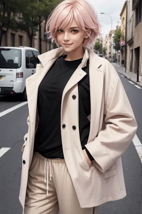 woman with short, fluffy light pink hair, tomboy cut, bright golden eyes, intimidating and serious look, smiling in a neutral way, wearing a black shirt, black joggers and a white, thin, flat doctors coat (without bust) but caderona