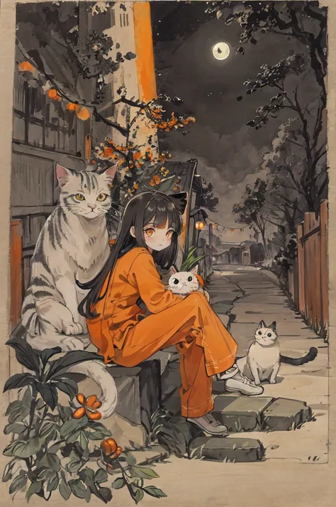 cat,Orange,beautiful,large eyes,Masterpiece,full moon,alley