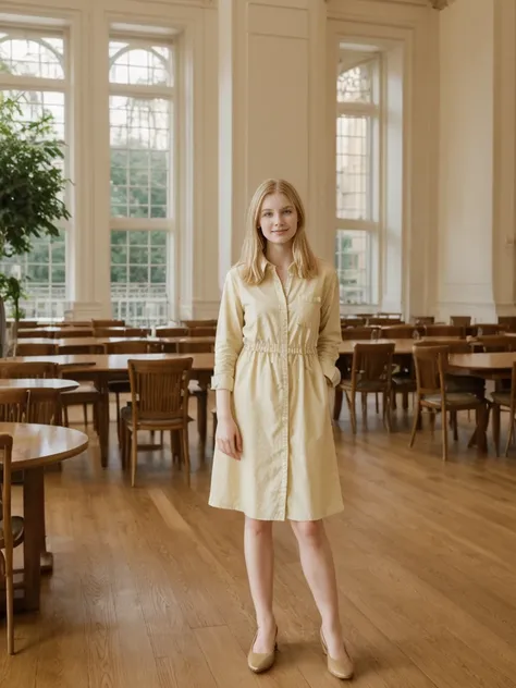 her name is Marie, high quality, 1girl, ((20-year-old fit Caucasian woman)), ((20 years old)), ((fit)), ((pale skin tone)), medium length straight blonde hair , wearing Pastel Yellow Button-Down Shirt Dress, pose: standing, background: Write about the tran...