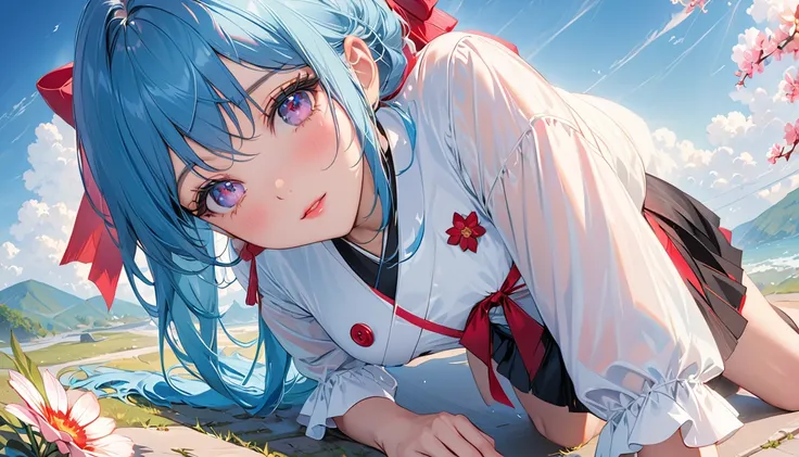 (detailed beautiful eyes and detailed face, masterpiece side light, masterpiece, best quality, detailed, High resolution illustration), (1 girl, beautiful girl, skin shiny), (sky blue hair, pink eyes, skirt, ribbon, button shirt)(Kneeling on the ground)