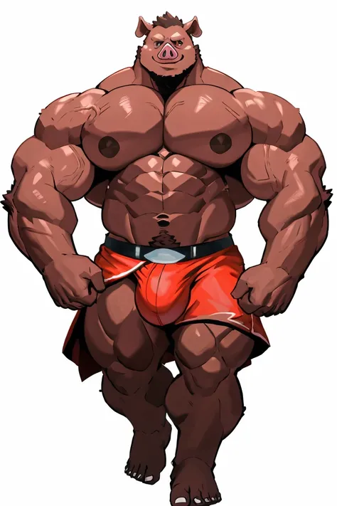 Pig man, exaggeratedly muscular, detailed eyes, prominent and dilated veins, alpha male, huge pecs (huge: 2.5), sensual expression, nicebulge, full body, sexy pose, (white background).