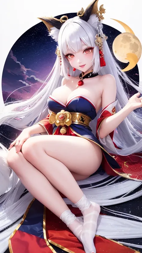 Kitsune girl,hime cut,silver eyes,gold darkblue and red tones japanese cloth, geisha dress theme sun&moon , traditional japanese , long white hair,silver fox ears, have kitsune tail, beautiful woman, silver eyes, elegant, young adult beautiful,night , star...