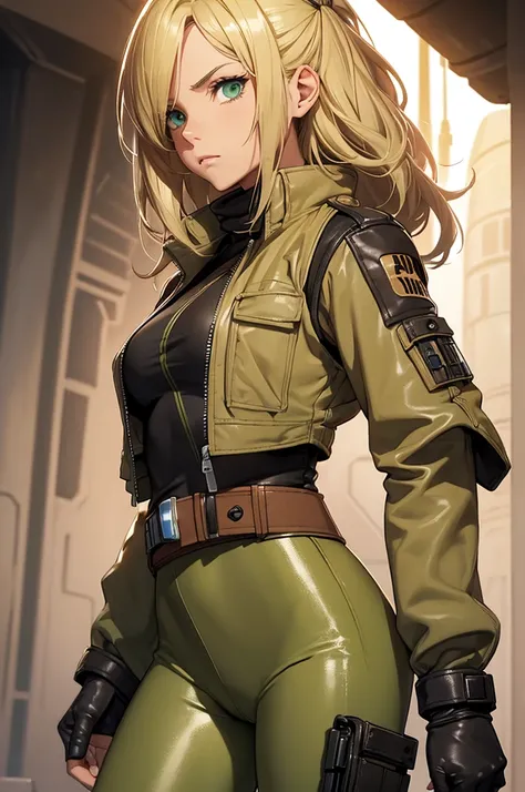 Female smuggler from Star Wars. Tatooine background. Young, fit. Blonde longer hair. Green eyes. Wearing tight leather brown leggings with a belt. Short jacket or vest.