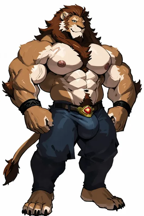 lion man, exaggeratedly muscular, detailed eyes, prominent and dilated veins, alpha male, huge pecs (huge: 2.5), sensual expression, nicebulge, full body, sexy pose, (white background).