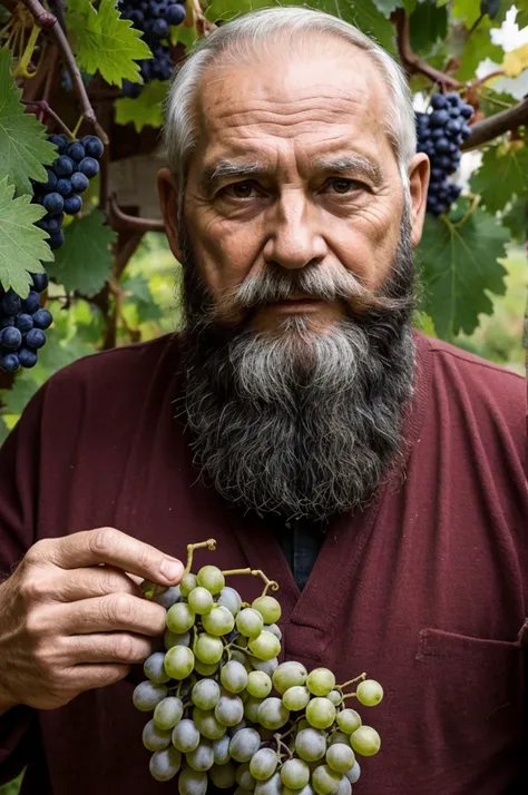 old man 70 years old beard big bunch of grapes