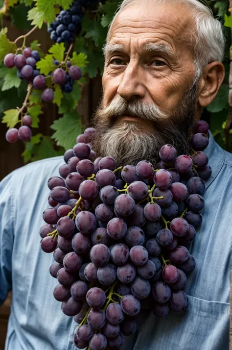 old man 90 years old beard big bunch of grapes