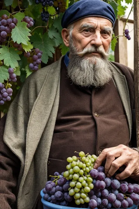 old man 90 years old beard big bunch of grapes