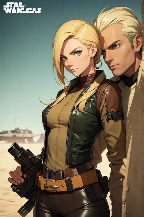 Female smuggler from Star Wars. Tatooine background. Young, fit. Blonde longer hair. Green eyes. Wearing tight leather brown leggings with a belt. Short jacket or vest.