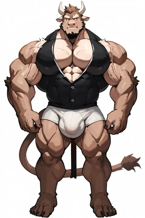 Cow man, exaggeratedly muscular, detailed eyes, prominent and dilated veins, alpha male, huge pecs (huge: 2.5), sensual expression, nicebulge, sexy pose, wearing white underwear, full body, (white background).