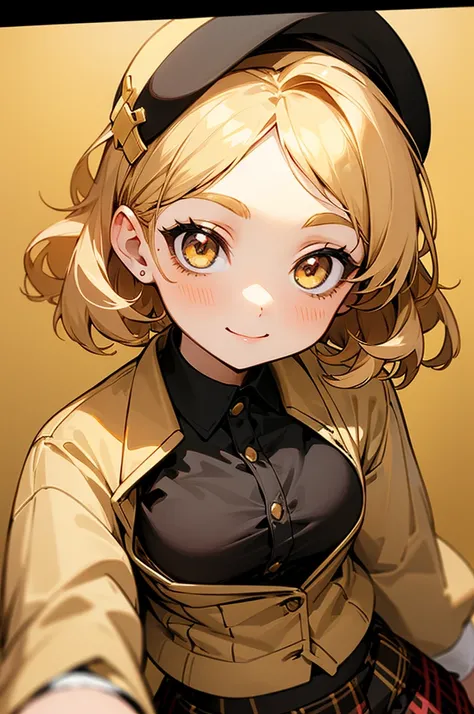 cute woman, gorgeous and beautiful face, a smile in her face, short curly hair, golden hair, big eyes, golden eyes, wearing a plaid jacket, a shirt, a skirt and a beret, small breast, anime style.