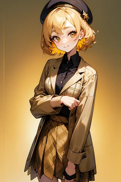 cute woman, gorgeous and beautiful face, a smile in her face, short curly hair, golden hair, big eyes, golden eyes, wearing a plaid jacket, a shirt, a skirt and a beret, small breast, anime style.