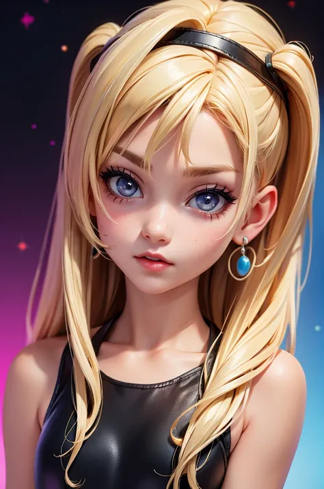 (bar) (night) hyperrealistic 14 year old american teen, blonde, perfect tiny body, sexy, big earrings, dark makeup, perfect slim face, big red lips, very cute face, tiny body, big eyes, young looking, childish looking, gamer waifu cosplay