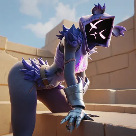 Raven team leader,purple hoodie, with no face, shadowed face, animal ears,purple skin, scar on eye, body skin, purple fur, waist belt, torso symbol, metal gloves, pointing your ass at the viewer, leaning forward, pushing, she closes her eyes, hands resting...