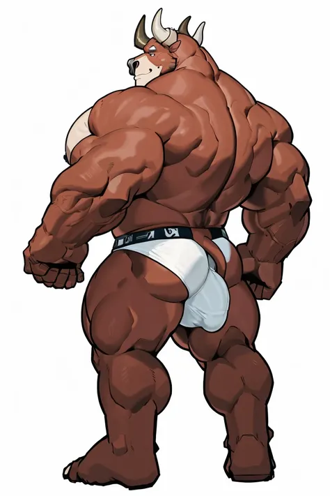 Bull man, exaggeratedly muscular, detailed eyes, prominent and dilated veins, alpha male, huge pecs (huge: 2.5), sensual expression, nicebulge, bare back, sexy pose, wearing white underwear, full body, (white background).