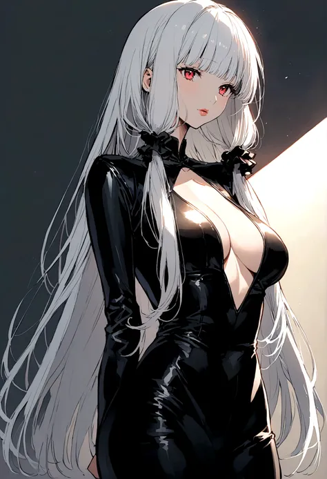 anime girl in black leather dress with open neckline, slim and voluminous body. Crimson eyes, straight white hair and small lips