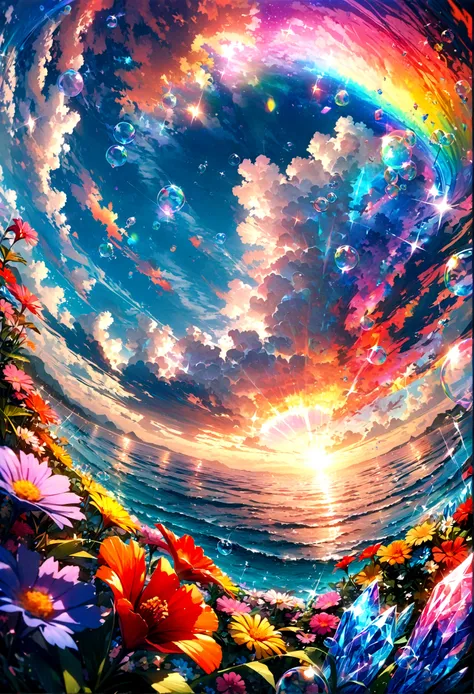 JK,Flowing hair,Beautiful sky, Beautiful clouds, Summer，Colorful flowers, (Crystal clear bubbles sparkle in the sky), masterpiece,high resolution,Wide-angle lens