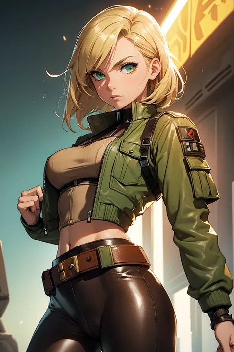 Female smuggler from Star Wars. Tatooine background. Young, fit. Blonde longer hair. Green eyes. Wearing tight leather brown leggings with a belt. Short jacket or vest. Visible cameltoe