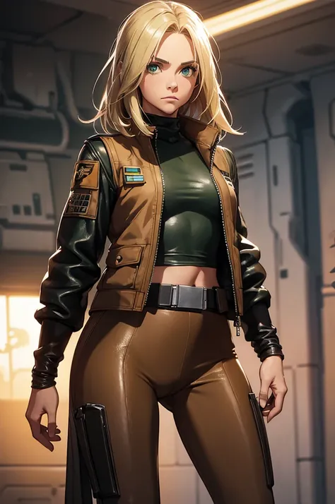 Female smuggler from Star Wars. Tatooine background. Young, fit. Blonde longer hair. Green eyes. Wearing tight leather brown leggings with a belt. Short jacket or vest. Visible cameltoe