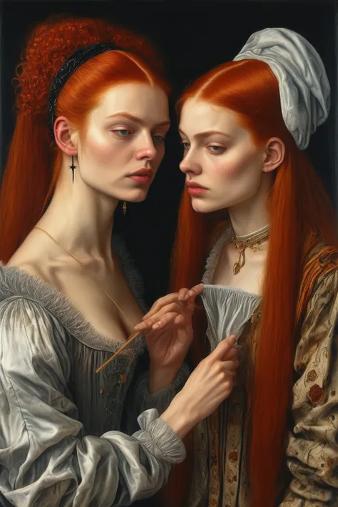 Portrait of a beautiful court lady washing her long red hair while succubi whisper in her ear, todo con el estilo de Lucas Cranach Style - Renaissance and Impressionism to wild contemporary art