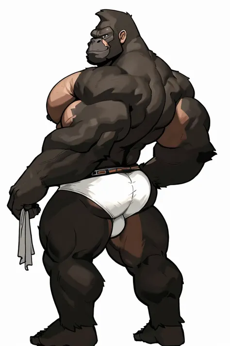 Gorilla man, exaggeratedly muscular, detailed eyes, prominent and dilated veins, alpha male, huge pecs (huge: 2.5), sensual expression, nicebulge, bare back, sexy pose, wearing white underwear, full body, (white background).