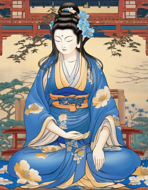 Kimono, celestial maiden, Buddha statue, deification, eyes closed, blue flowers in the background, semi-long hair, hands not shown, facing forward