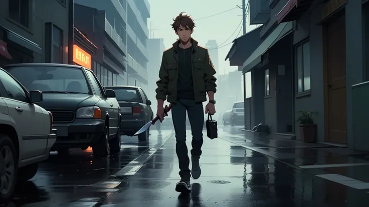 ((masterpiece)), ((high quality)), ((HD)), ((beautiful portrait)), ((front view)), ((full body)), guy walking on a zombie apocalypse street, rainy, butter color messy hair, wearing a dark green jacket, black jeans, brown eyes, walking badass, holding a kni...