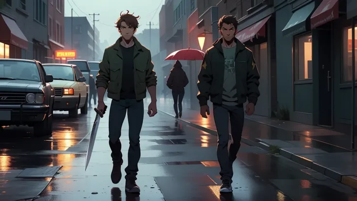 ((masterpiece)), ((high quality)), ((HD)), ((beautiful portrait)), ((front view)), ((full body)), guy walking on a zombie apocalypse street, rainy, butter color messy hair, wearing a dark green jacket, black jeans, brown eyes, walking badass, holding a kni...