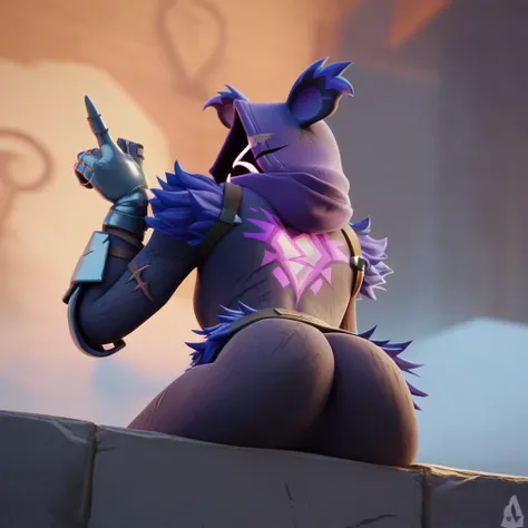 Raven team leader,purple hoodie, with no face, shadowed face, animal ears,purple skin, scar on eye, body skin, purple fur, waist belt, torso symbol, metal gloves, pointing your ass at the viewer, leaning forward, pushing, she closes her eyes, hands resting...