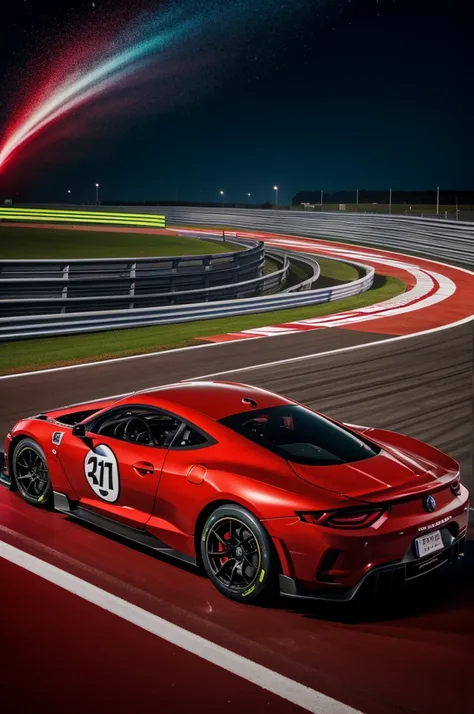 A man sitting in the top of red racing car in the middle of racing field in neon night