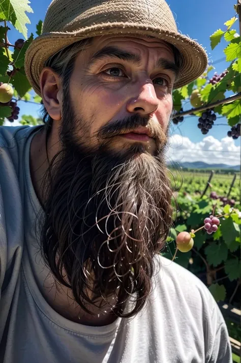 old man 80 years old beard big bunch of grapes vineyard