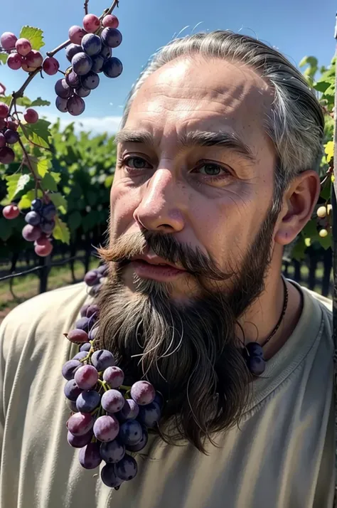 old man 80 years old beard big bunch of grapes vineyard