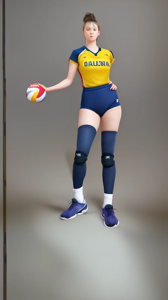 Lady in volleyball uniform full body standing 80s style 