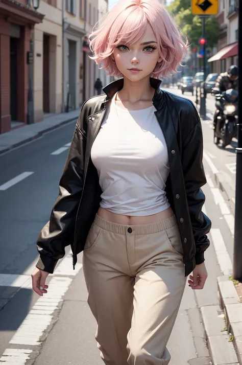 woman with short, fluffy light pink hair, tomboy cut, bright golden eyes, intimidating and serious look, smiling in a neutral way, wearing a black shirt, black joggers and a white, thin, flat doctors coat (without bust) but caderona