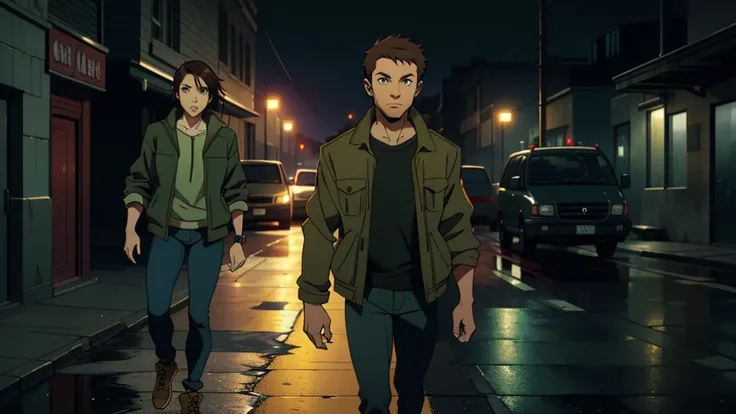 ((masterpiece)), ((high quality)), ((HD)), ((beautiful portrait)), ((front view)), ((full body)), guy walking on a zombie apocalypse street, rainy, butter color messy hair, wearing a dark green jacket, black jeans, brown eyes, walking badass, holding a kni...