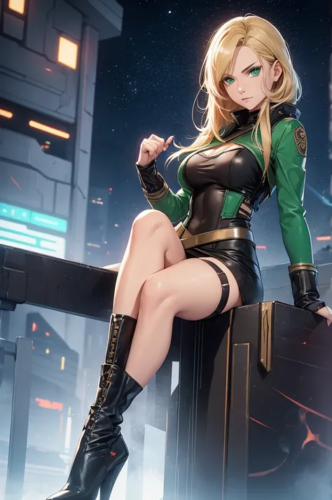 Female senator from Star Wars. Coruscant background. Young, fit. Blonde longer hair. Green eyes. Wearing tight clothing. Visible stockings. High heel boots. Clothing is high class.