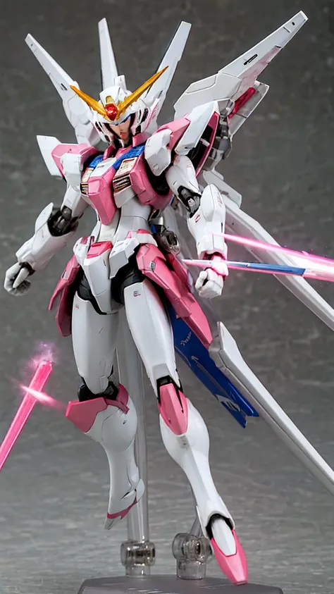 Real、high resolution、8K、The Strike Freedom Gundam stands in space emitting pink light particles.、Particles of light surround the aircraft、Facing the camera、