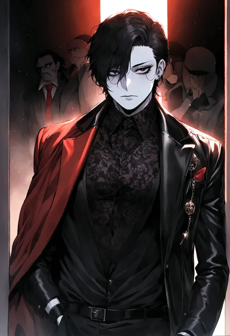 stocky boy in dull leather clothing, bi-color red and black eyes, black hair, that has a mafia bearing, pale skin tone 