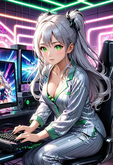 Beautiful asian woman, long silver hair, green eyes, cute pajamas, busty, playing video games on a futuristic computer with neon lights, competitive gaming, anime style