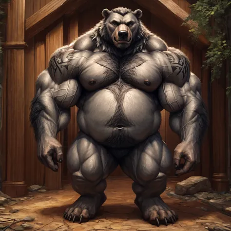 (masterpiece, best quality:1.2), solo, 1boy, werebear, gray skin, short legs, huge muscular, muscle gut:1.37, musclegut, chubby, hairy, hirsute, shaggy, hairy chest, shoulder tattoo, chest tattoo, nude, shirtless, (slit), realistic, realistic hand, detaile...