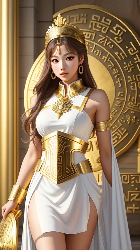 Greek goddess Athena, greek style white dress, Golden armor, golden shield. rostro de jennie kim. Buen cuerpo, cuerpo completo 