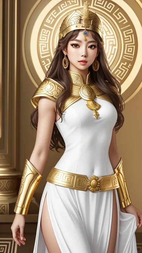 Greek goddess Athena, greek style white dress, Golden armor, golden shield. rostro de jennie kim. Buen cuerpo, cuerpo completo 