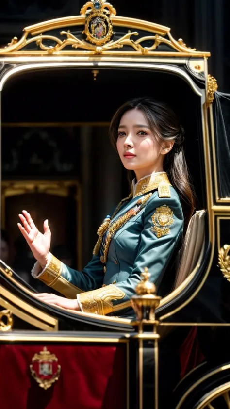 a woman in a carriage, waving to the crowd, guarded by soldiers in uniform, royal carriage, crowd, soldiers, detailed ornate carriage, lavish decoration, golden accents, elegant woman, beautiful detailed face, long flowing hair, warm smile, regal posture, ...