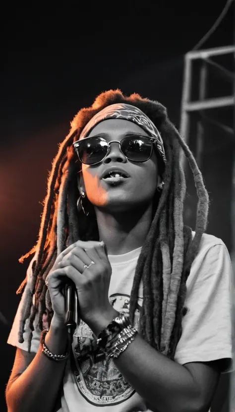 Low angle shot, Close up of a beautiful jamaican girl with long dreadlocks, a bandana, a sunglasses over her bandana, and rasta accessories, singing on a stage, night club, foggy, black and white with cinematic lighting 