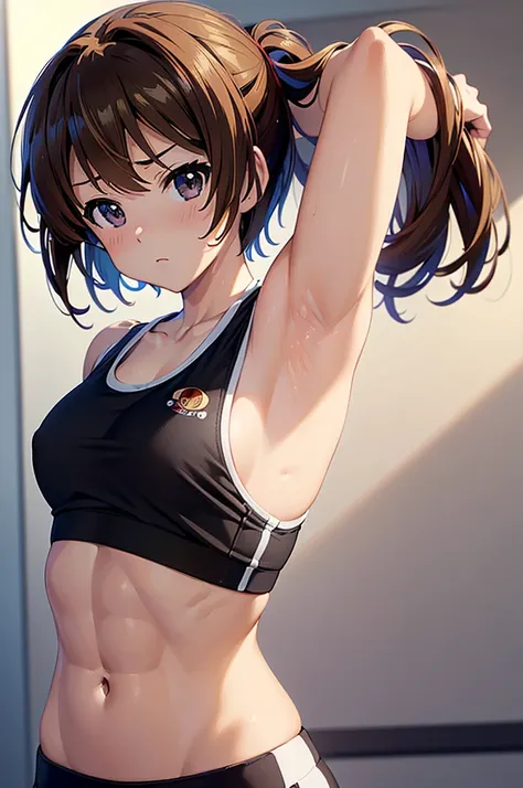 masterpiece, best quality, ultra detailed, ultra high resolution, very detailed face, solo, (((kyoani anime style))), top down angle, 20 years old girl, slim, (((sports bra, sleeveless))), ((upper body only, warming up, up arms, armpit))), ((black short ha...